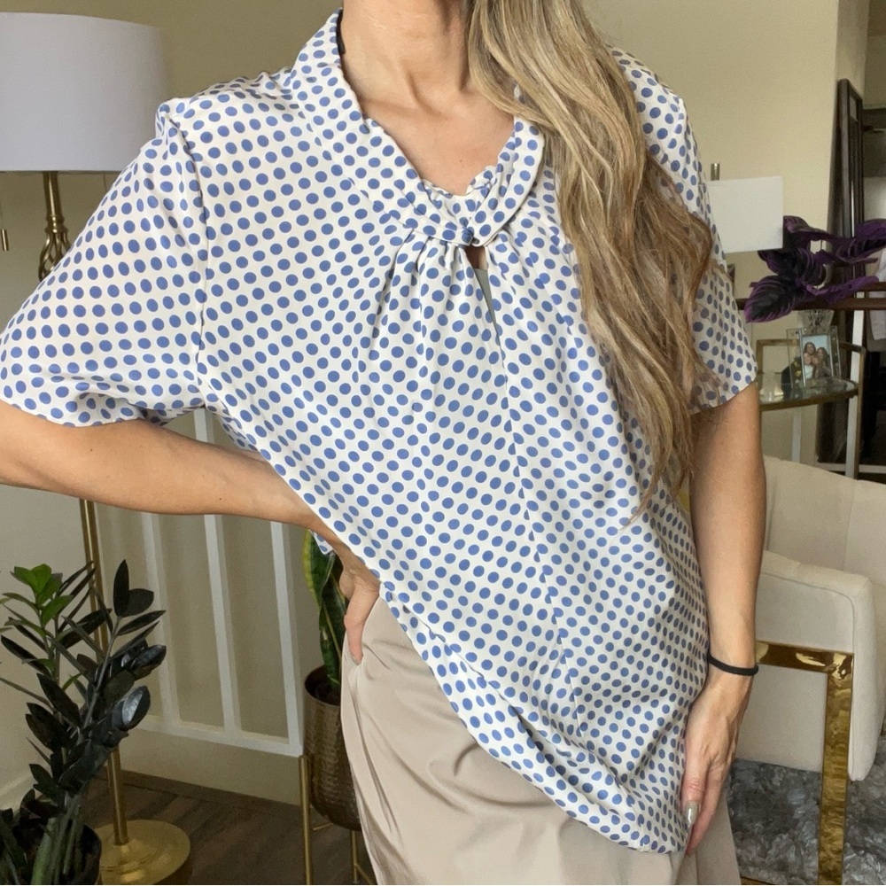 Rena Lange 100% Silk Blue White Polka Dot Twist Front Short Sleeve Blouse Top 16